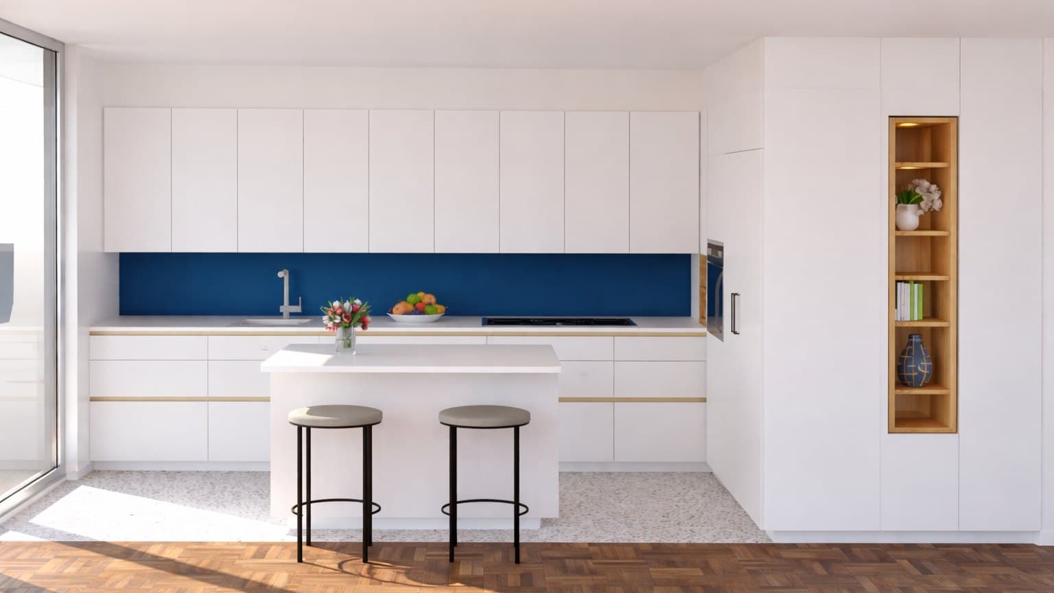 Cuisine moderne blanche avec plan de travail et grande baie vitrée