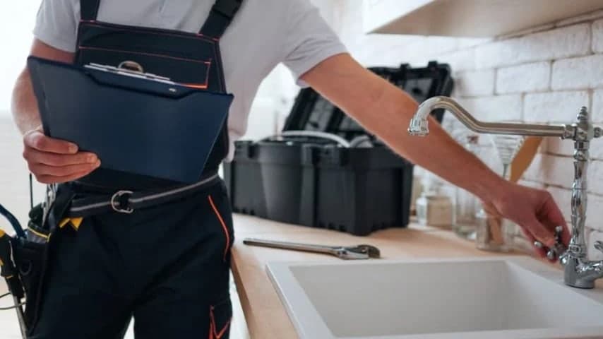 Plombier inspectant un robinet de cuisine avec clipboard